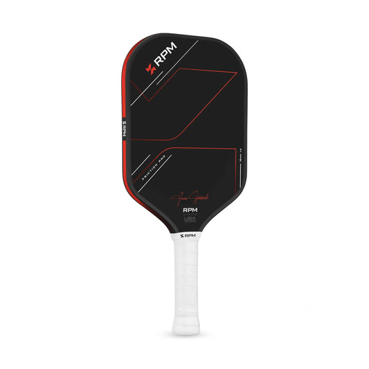 Elongated pickleball paddle with black face and red accents, white grip.
