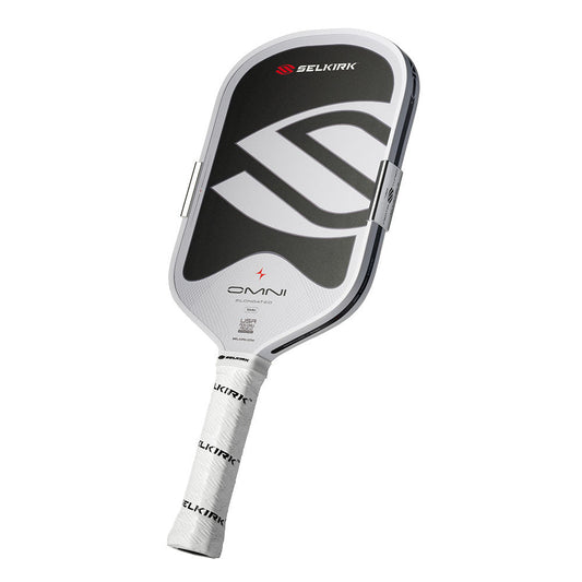 Elongated pickleball paddle, black face with white INFINITY-style stripes and gray grip