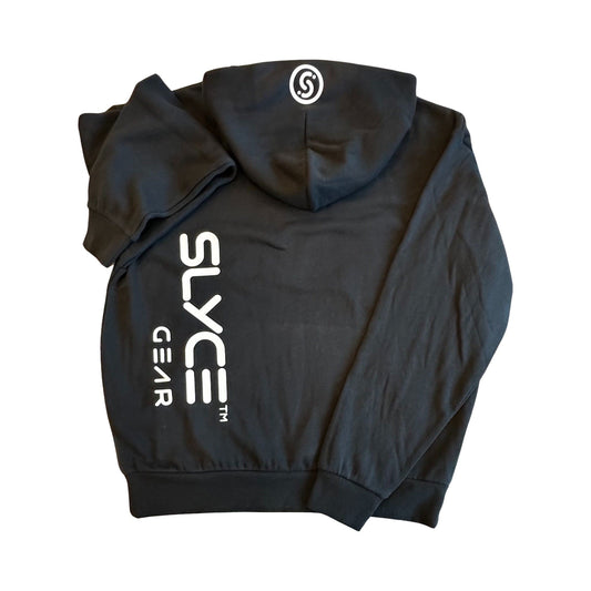 Black hoodie with large vertical logo graphic, drawstring hood and small chest emblem