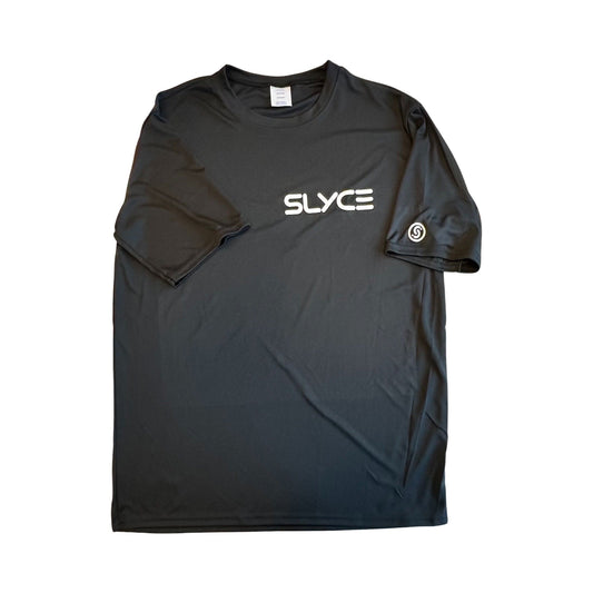 Black crew-neck long-sleeve tee with SLYCE chest logo and sleeve emblem