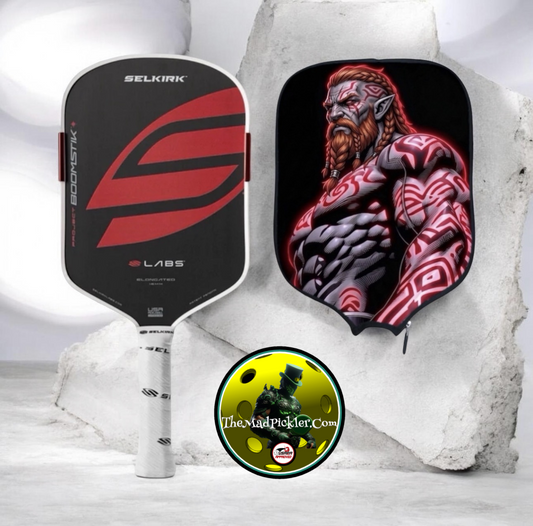 Elongated pickleball paddle with black-red design and limited-edition zip cover