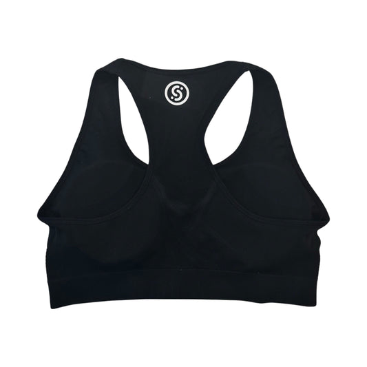 SLYCE sports bra back, dark racerback cut with circular logo at center