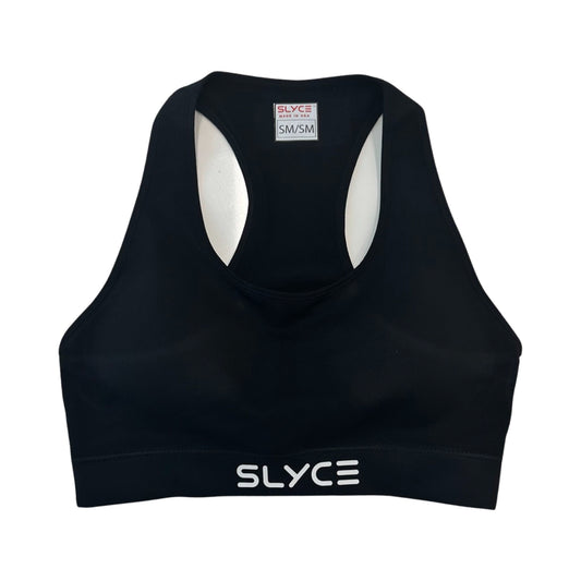 SLYCE sports bra, dark racerback with oval cutout and logo band