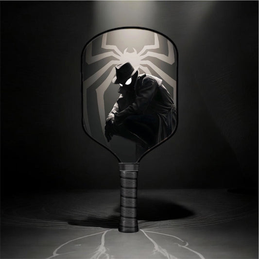 Black and gray pickleball paddle with spider-web style graphic and textured grip