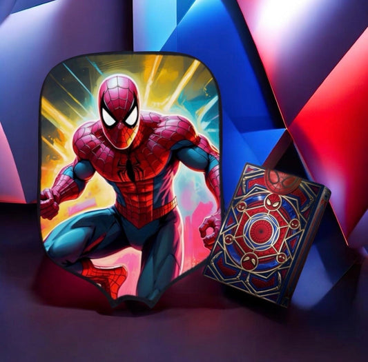 Spiderman oval pickleball paddle cover with colorful character art and matching card