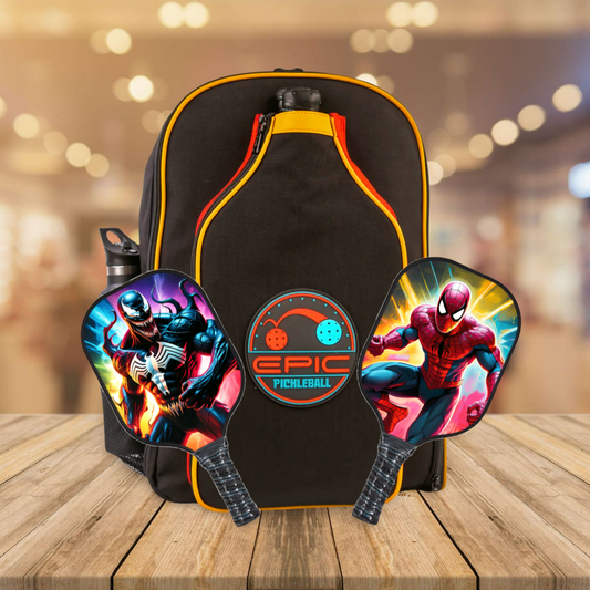 Black pickleball backpack with orange trim, EPIC logo, and character paddle cooler sleeves