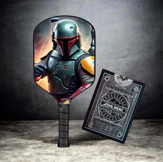 Pickleball paddle cover with green armored character design and collectible playing card