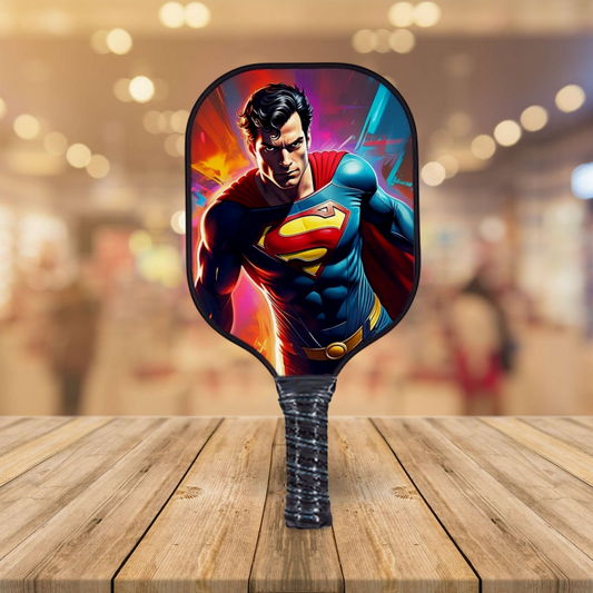 Superman-themed pickleball paddle with red, blue, and yellow character artwork