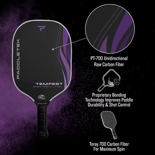 Black pickleball paddle with purple curved stripe, shown with close-up detail circle