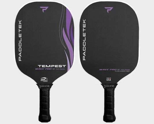 Black pickleball paddle with purple wave accents and textured black grip