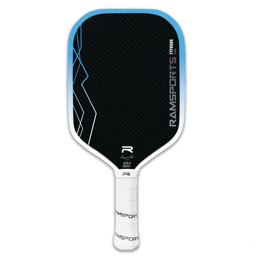 Blue-edged black pickleball paddle with white handle and textured face pattern