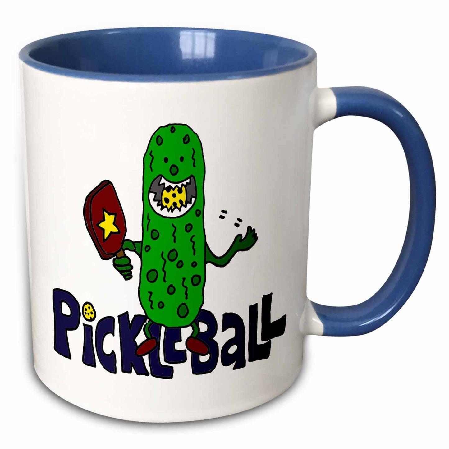 3dRose Funny Pickleball Pickle Monster eating Pickleball Ball - Mugs (mug_240611)