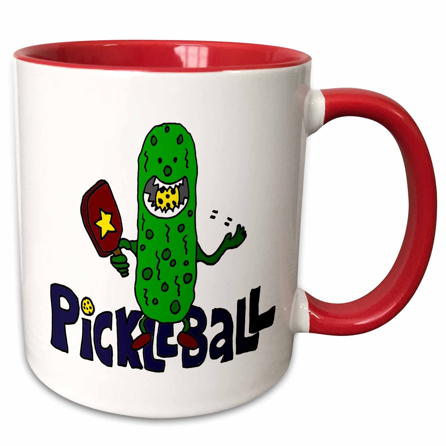 3dRose Funny Pickleball Pickle Monster eating Pickleball Ball - Mugs (mug_240611)