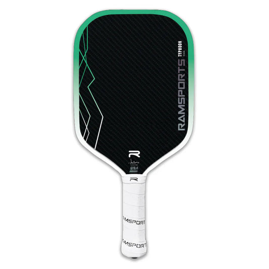 Green-edged carbon-fiber style pickleball paddle with black face and white handle