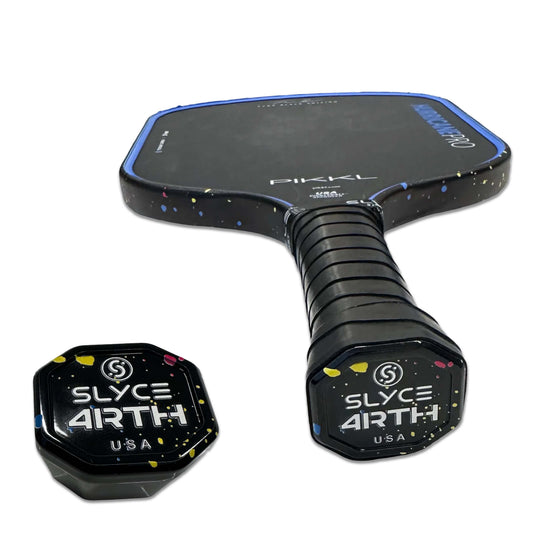 Black pickleball paddle with blue edge and colorful paint-splatter graphics, ribbed handle