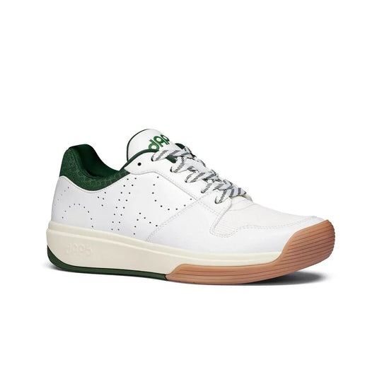 Women's pickleball low-top shoes side view, white leather-look with green collar