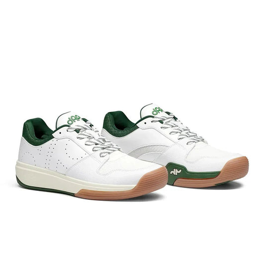 Women's pickleball low-top shoes, white with green side panel and tan rubber sole