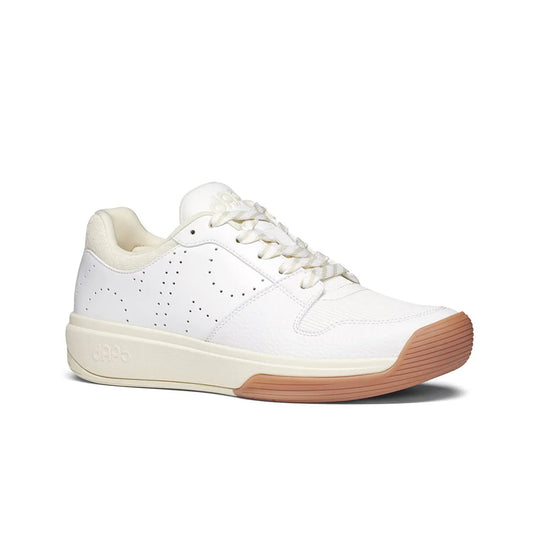 White low-top lace-up pickleball shoe with cream lining and gum rubber sole