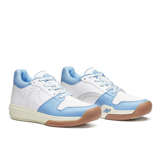 Pair of mid-top pickleball shoes in white and light blue, lace-up, gum rubber sole