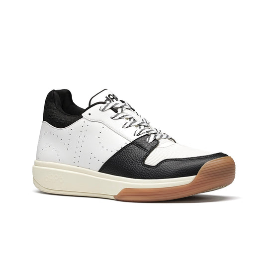 Men's mid pickleball shoe, white and black upper, lace-up, gum rubber outsole.