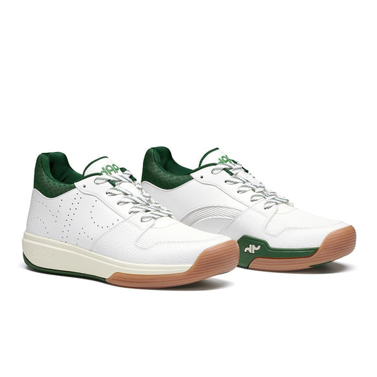 Men's mid pickleball shoes, white uppers with green trim and gum rubber soles