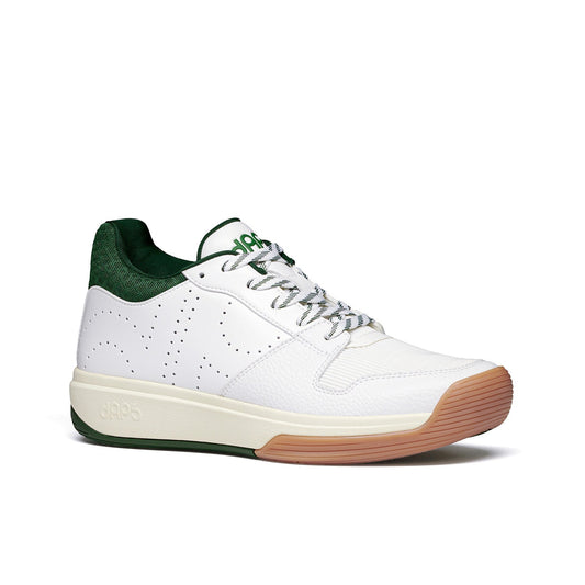 Men's mid pickleball shoe in white with green collar, laces, and gum rubber outsole