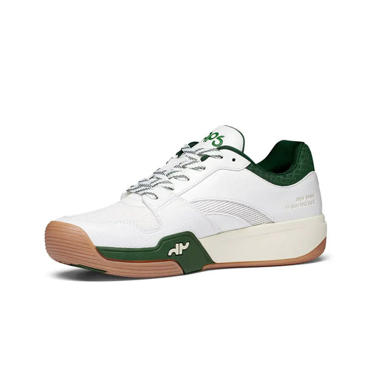 Men's low-top pickleball shoes, side view; white upper with green toe cap and outsole