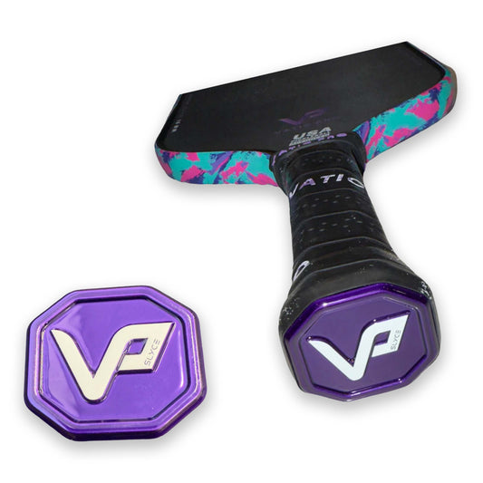 Paddle performance enhancer with black grip and purple octagonal V top, multi-color band