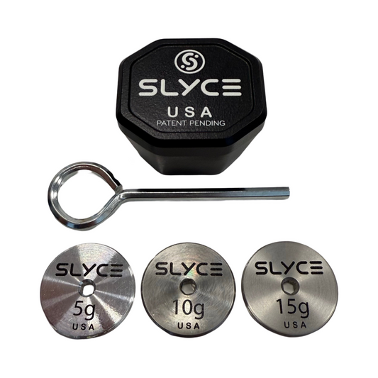 SLYCE SpeedCap with 5g, 10g, 15g metal weights and key ring