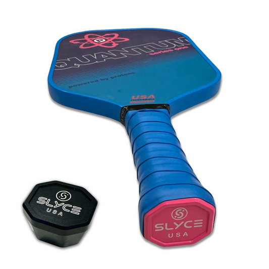 SLYCE SpeedCap SLIM paddle performance enhancer with blue handle and pink end cap; black cap