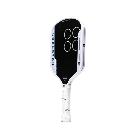 Pickleball paddle side view with black hitting face and white frame, showing edge thickness.