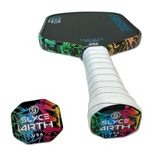 Graffiti SpeedCap paddle performance enhancer with white grip and multicolor black end cap
