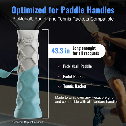 Turquoise paddle overgrip wrap on handle with gray protective applicator