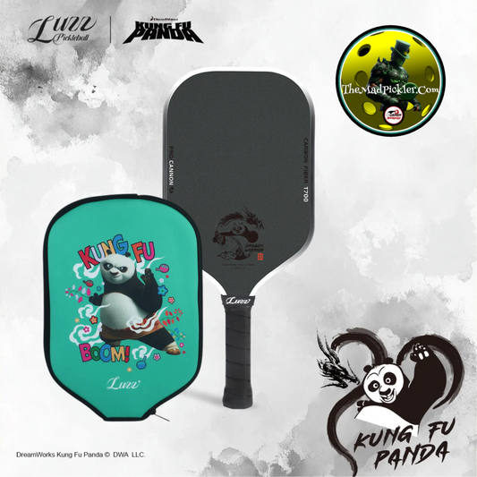 Pickleball paddle with dark face and teal Kung Fu Panda cover, with paddle handle