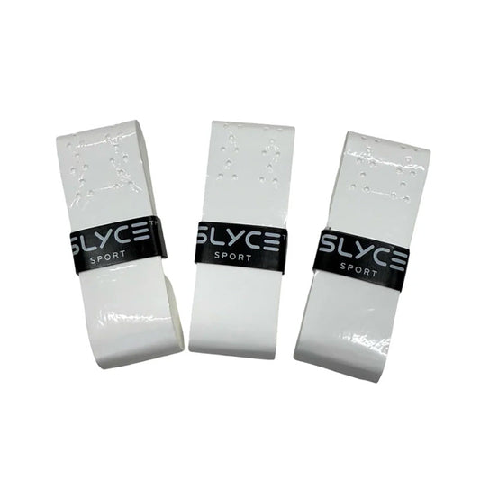 White perforated over-wraps, three folded pairs with small dot pattern and black band