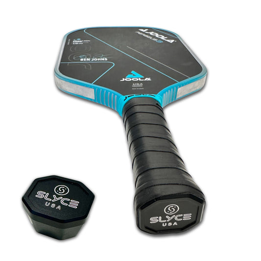 Weighted SpeedCap paddle performance enhancer, blue and black, SLYCEUSA logo