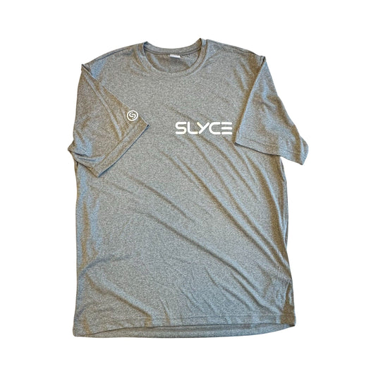 Heather gray T-shirt with SLYCE chest logo and side pocket emblem